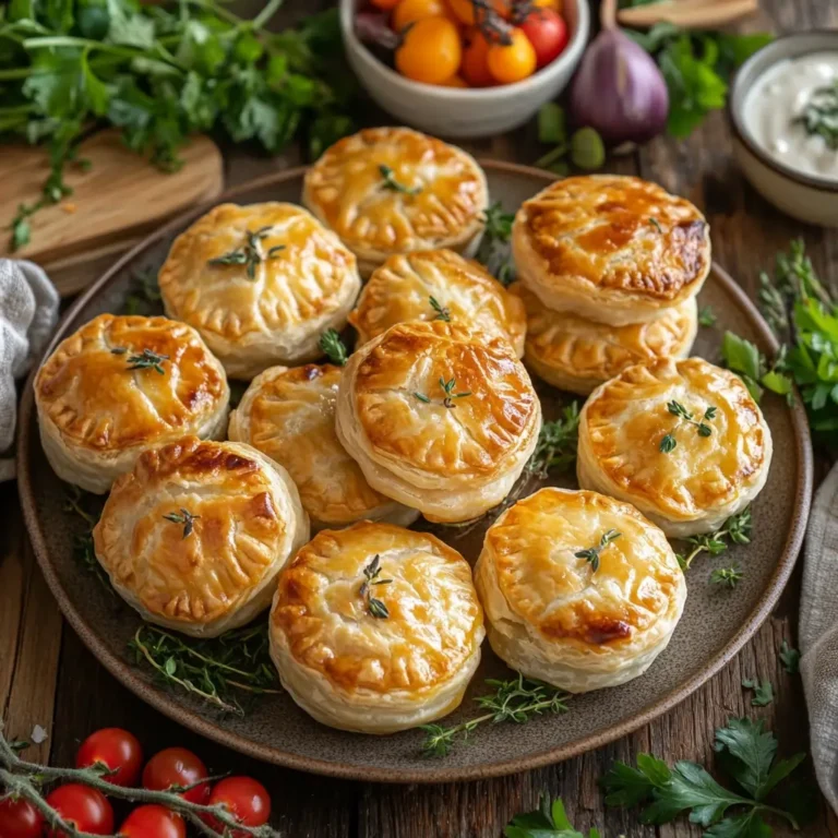 Mini Chicken Pot Pie with Crescent Rolls, garnished with fresh herbs and surrounded by colorful vegetables