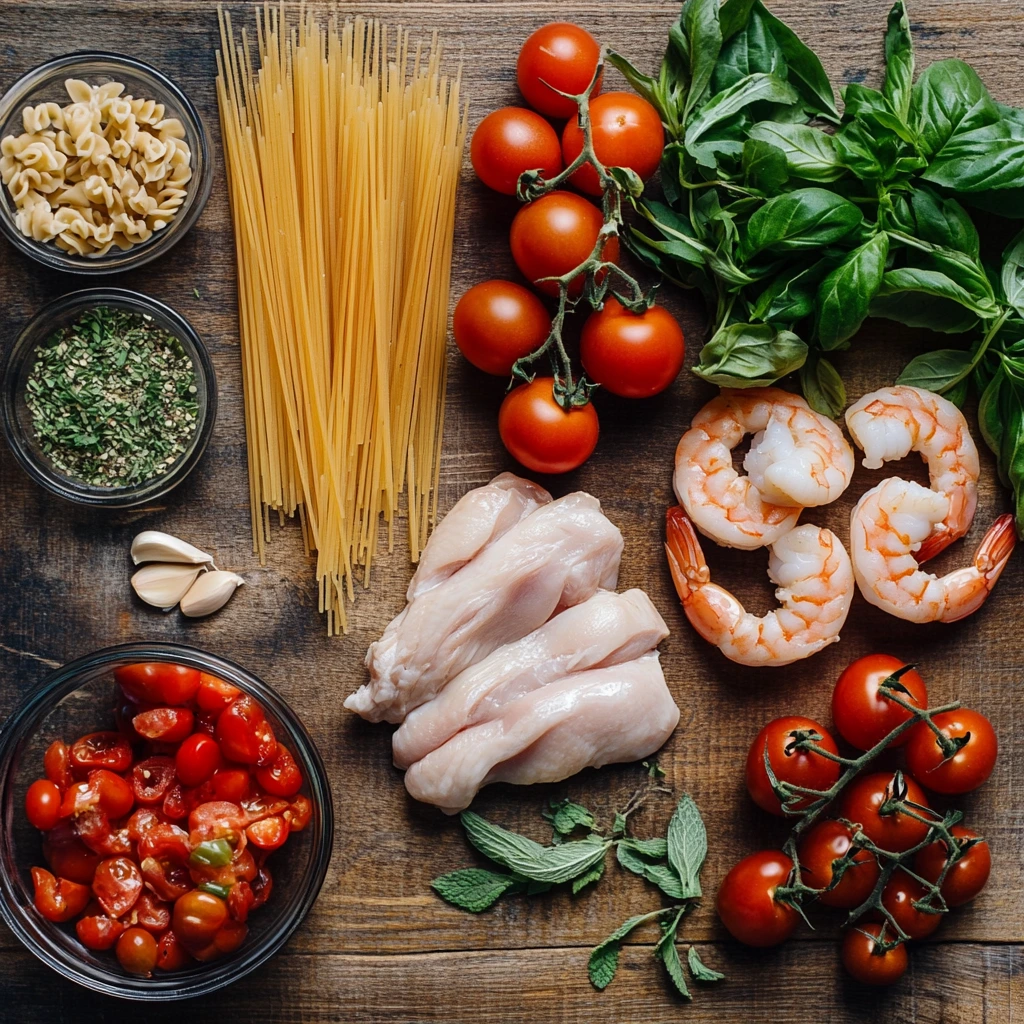 Fresh ingredients for Chicken and Shrimp Pasta with Tomato Sauce