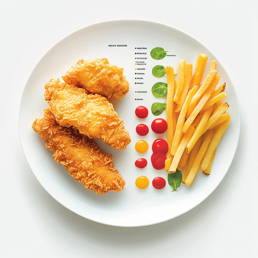 Nutritional profile infographic of chicken tenders and fries with labeled portions and facts.