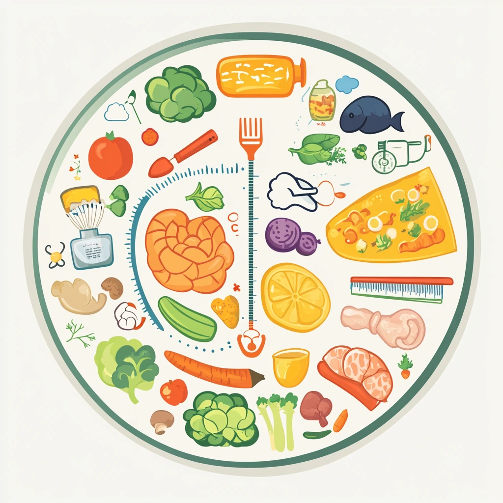 An educational infographic-style illustration showing a balanced meal plate with sections for proteins, vegetables, fruits, and grains, alongside icons representing healthy child growth, such as a ruler for height, a strong arm for strength, and a brain for cognitive development