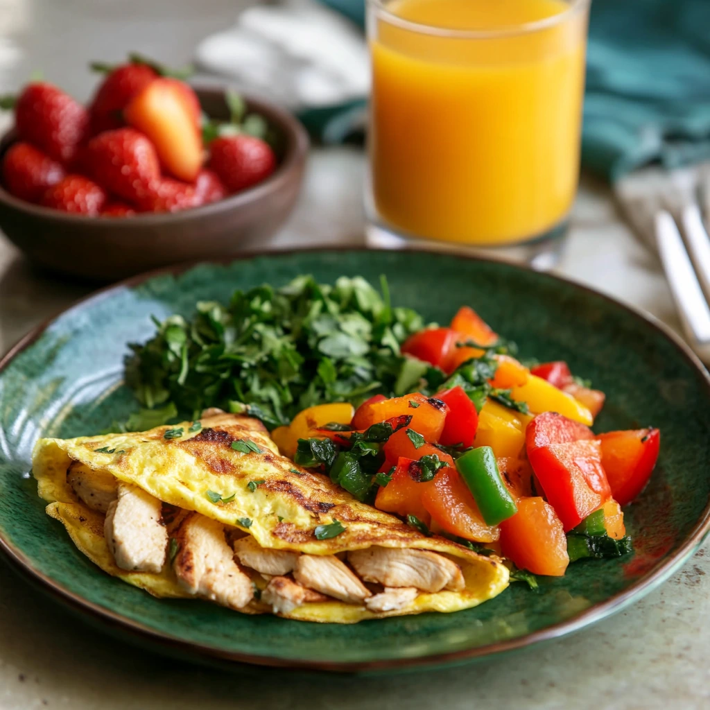 A colorful and healthy omelette with chicken and vegetables on an olive green colored ceramic plate, garnished with chopped parsley. The omelette is filled with grilled chicken, diced peppers, spinach and onions. Next to the plate, there is a glass of orange juice and a small bowl of fresh fruit, creating a nutritious breakfast. "