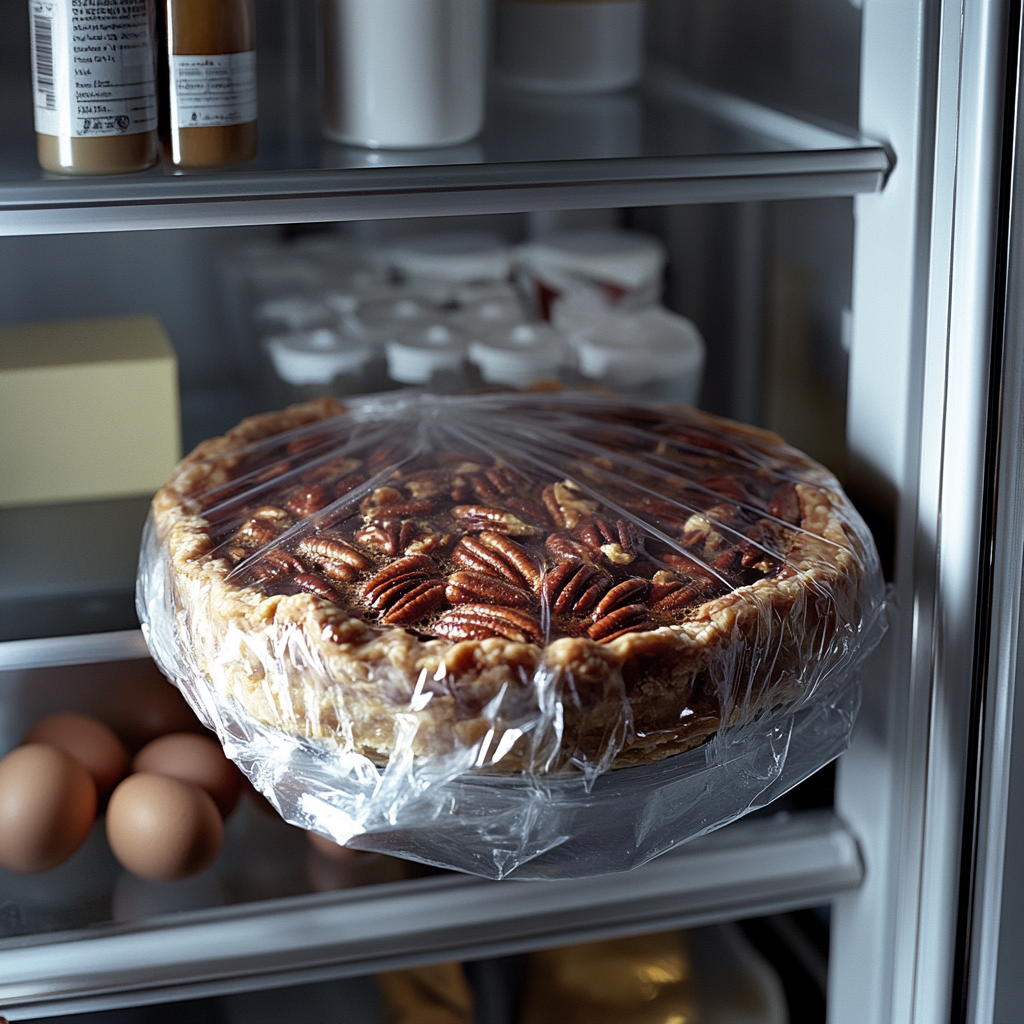 A pecan pie covered with plastic wrap sits on a refrigerator shelf, surrounded by eggs, dairy products, and condiments.