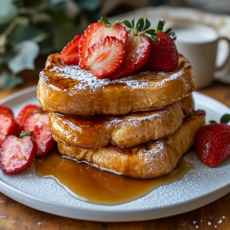 "A stack of golden-brown croissant French toast topped with powdered sugar, fresh strawberries, and maple syrup on a white plate.