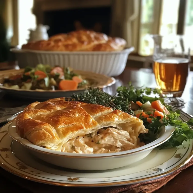 A beautifully presented Pillsbury Crescent Roll Chicken Pot Pie served in an elegant dish with garnishes of parsley and thyme, accompanied by a side salad and iced tea.