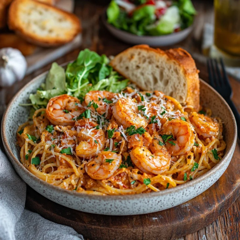 A plated Cajun Shrimp Chicken Pasta garnished with parsley and Parmesan, served alongside garlic bread and a fresh salad on a rustic wooden table.