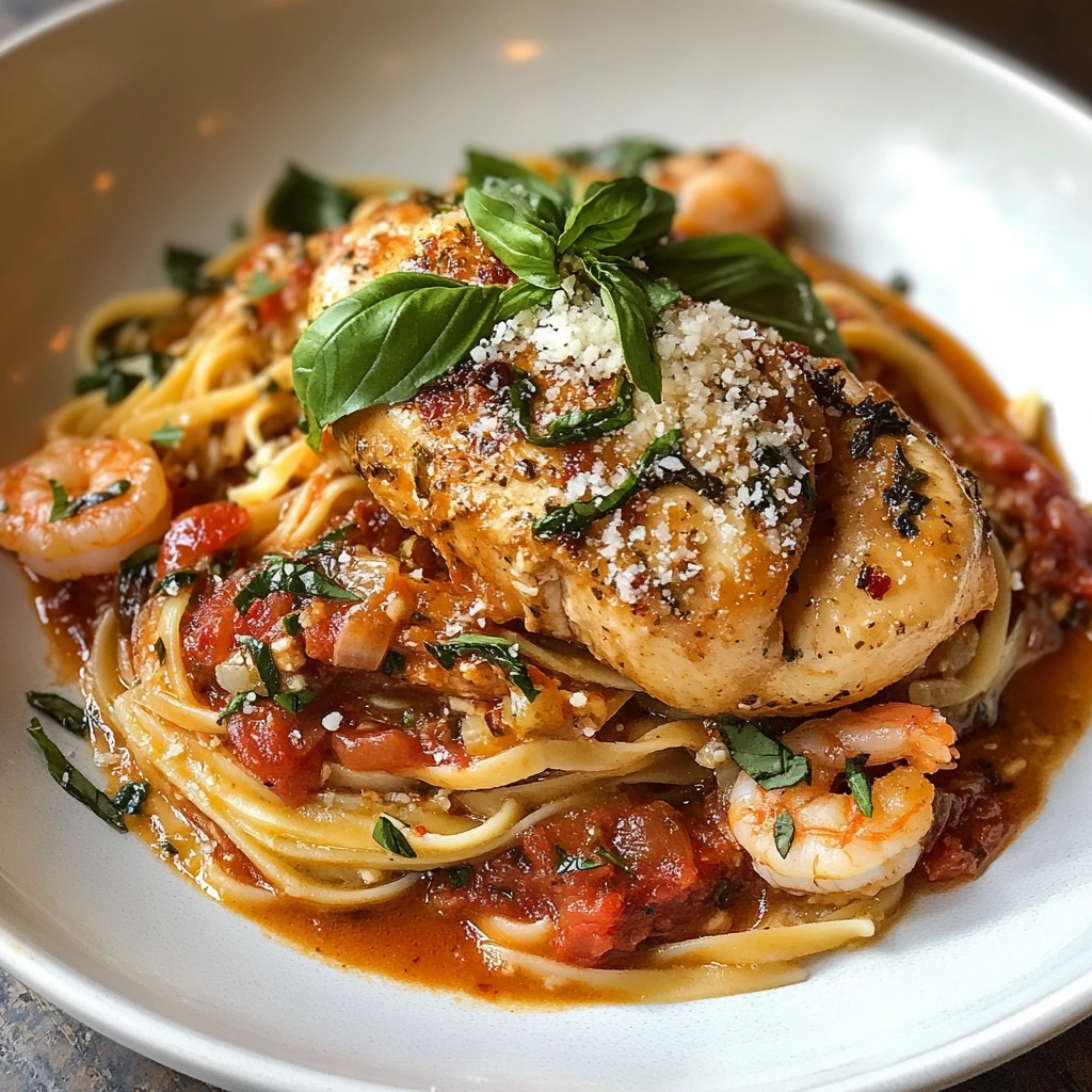 A plate of linguine pasta topped with grilled chicken, shrimp, fresh basil, and a rich tomato sauce, garnished with Parmesan cheese.