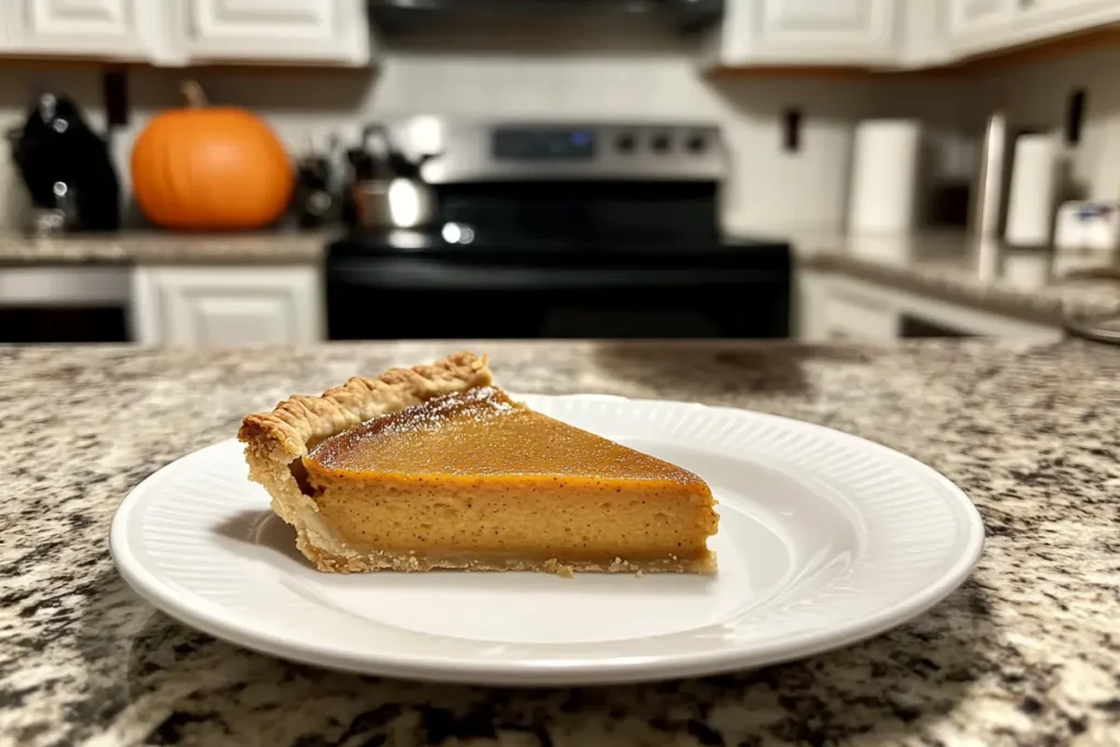 A slice of pumpkin pie posed on a white plate in the countertop.