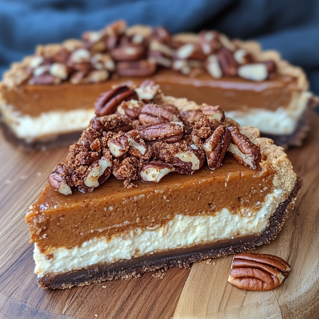 "A slice of Pumpkin Pie Pecan Cheesecake on a white plate garnished with whipped cream and a drizzle of caramel."