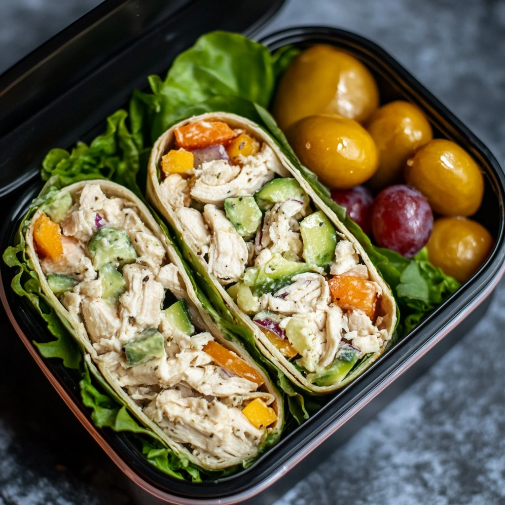 A lunchbox featuring chicken salad wraps with fresh vegetables, paired with golden plums and grapes, perfect for a quick and easy cold lunch.