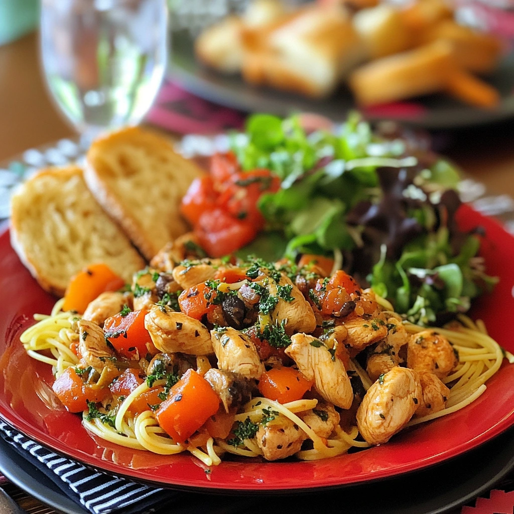 A plate of spaghetti topped with sautéed chicken, bell peppers, mushrooms, and fresh herbs, served with mixed greens, diced tomatoes, and slices of toasted bread.