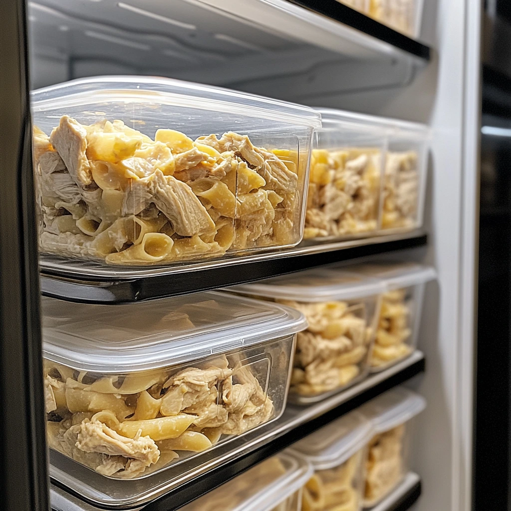 Stacked plastic containers filled with pasta and shredded chicken stored neatly on shelves inside a refrigerator.