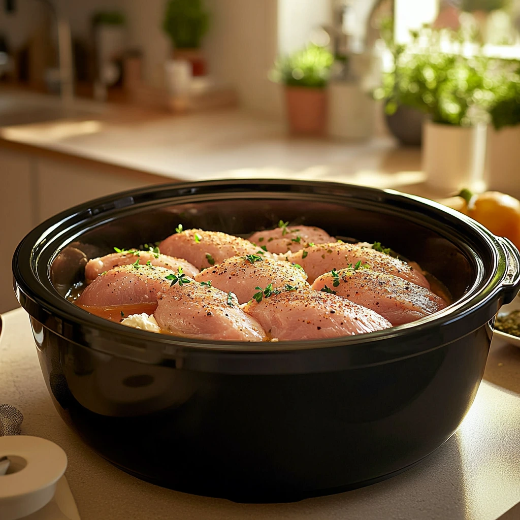 A crockpot filled with raw chicken breasts, cream cheese, and spices being stirred, set in a warm kitchen environment with natural lighting.