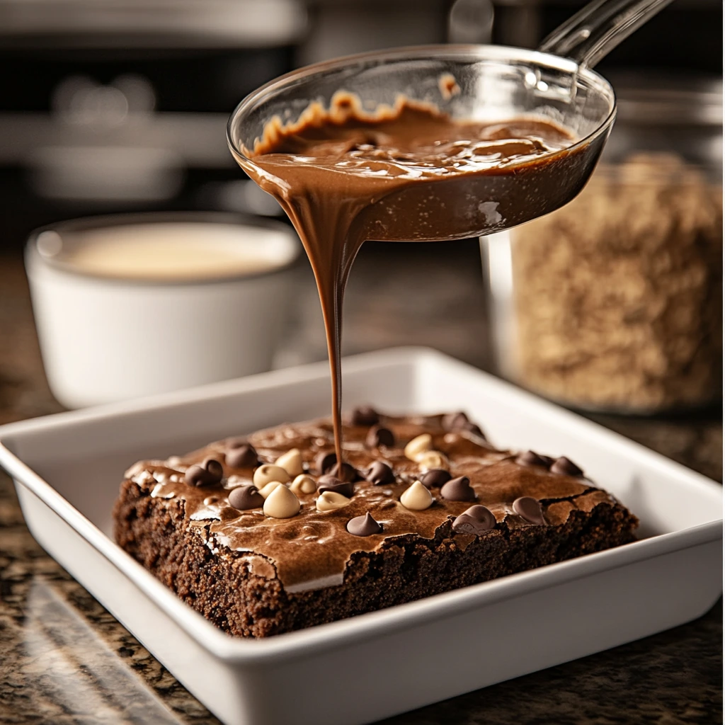 A sequence-style image of the cookie brownie preparation, featuring mixing ingredients, pouring the batter, and the final bake coming out of the oven.