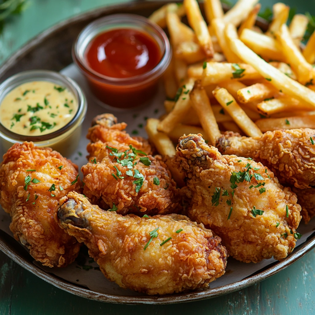 Do chicken and fries go together? A serving tray with crispy fried chicken and golden salted fries, garnished with parsley and accompanied by dipping sauces on a rustic wooden table