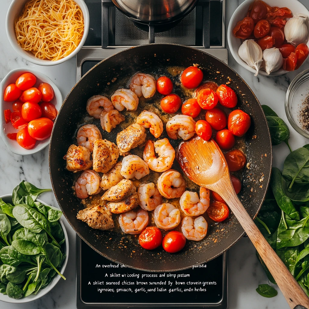 "Overhead view of a skillet with seared chicken and shrimp, surrounded by fresh ingredients like cherry tomatoes, spinach, garlic, and Italian herbs, showcasing the cooking process for chicken and shrimp pasta without cream."