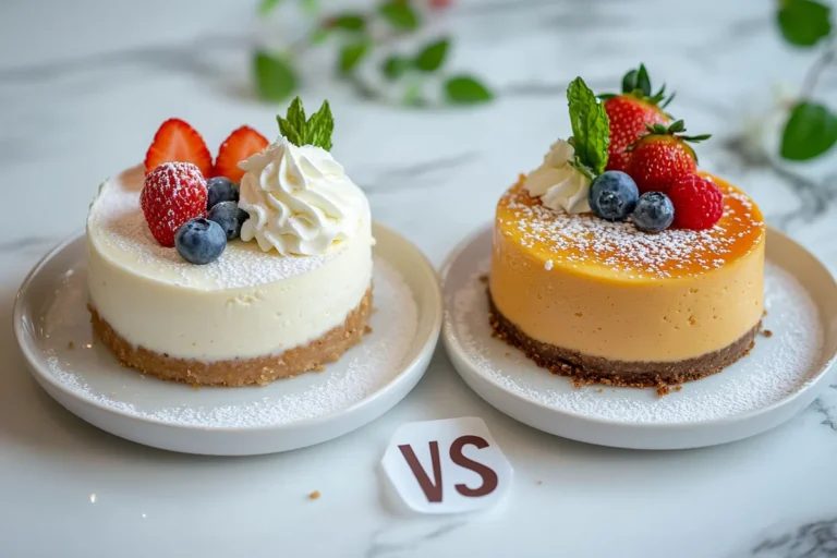 Two mini cheesecakes on plates, one classic vanilla and the other mango-flavored, topped with whipped cream, fresh berries, and mint leaves. Is No-Bake or Baked Cheesecake Better?