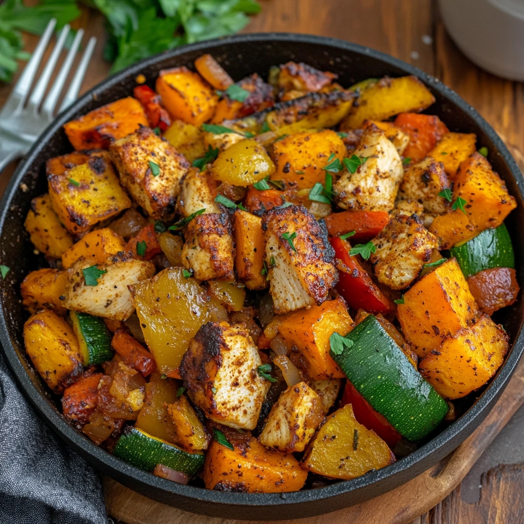 "A vibrant and appetizing plate of Spicy Chicken and Vegetable Hash. The dish includes golden-brown diced chicken pieces, sautéed sweet potatoes, bell peppers, onions, and zucchini, all lightly charred and seasoned with spices. The hash is served in a rustic cast-iron skillet, garnished with fresh parsley and a sprinkle of red chili flakes. The setting features a wooden kitchen table with natural light, a fork resting nearby, and a steaming cup of coffee in the background to evoke a cozy breakfast vibe.