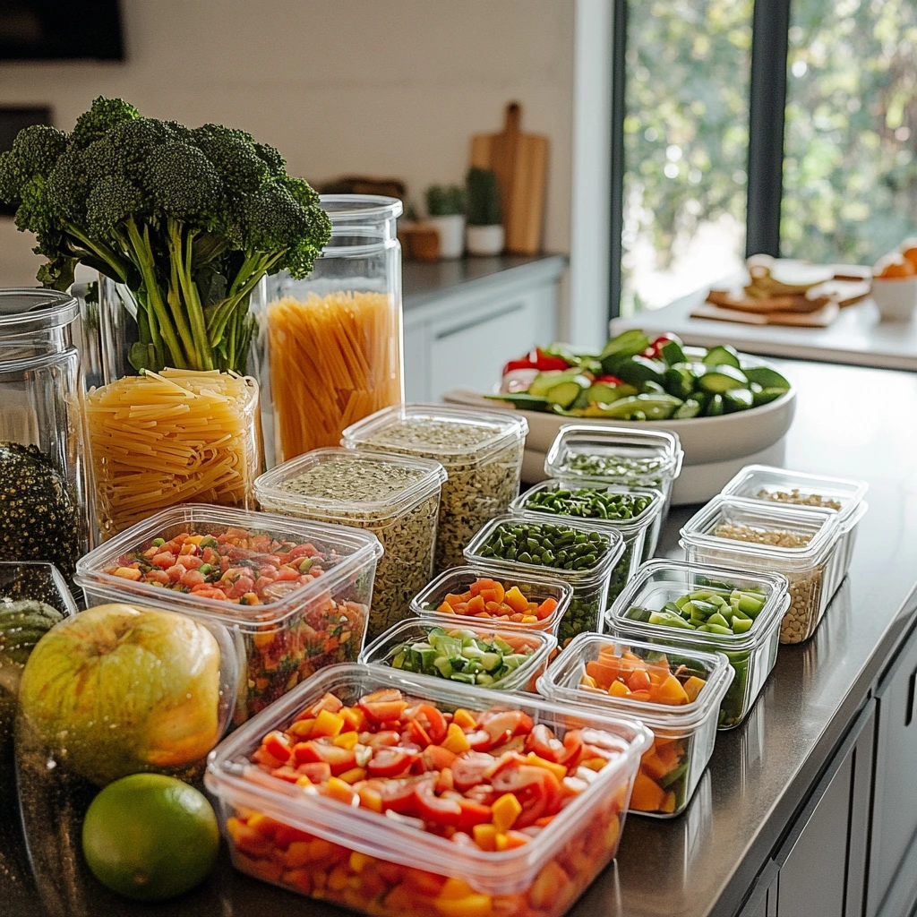 A well-organized kitchen counter showing meal prep with containers of chopped vegetables, cooked pasta, and fruits, alongside a parent and child preparing lunch together.