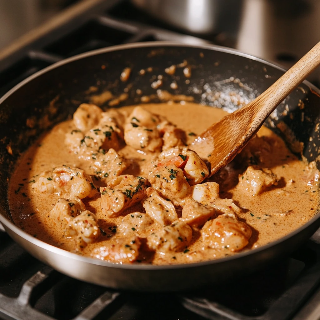 A skillet on a stove with creamy Cajun sauce bubbling, chunks of chicken and shrimp being stirred with a wooden spoon, and steam rising, showcasing the cooking process of Cajun pasta.