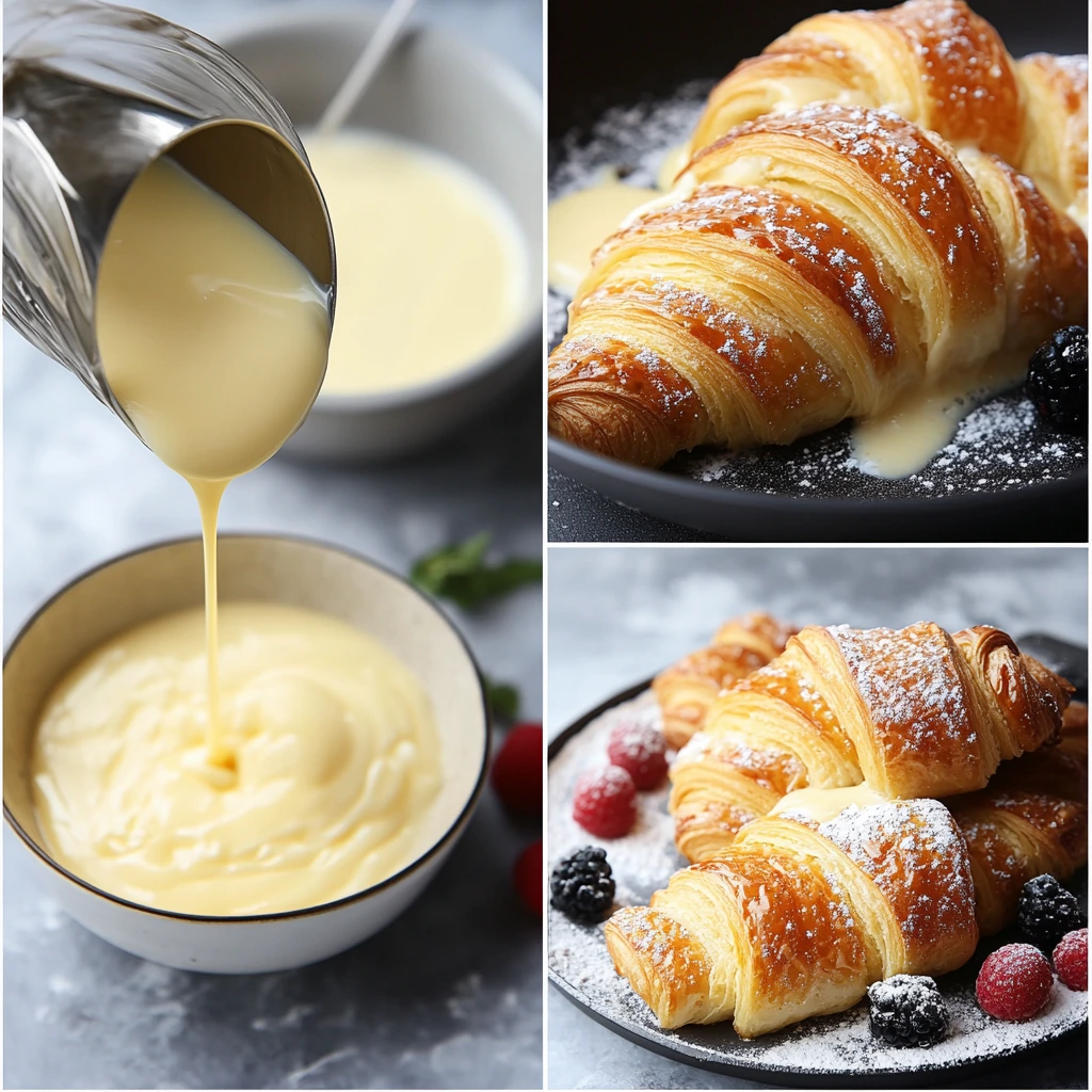 A series of step-by-step images showing the process of making croissant French toast. The first image shows a bowl with a creamy custard mixture (eggs, milk, vanilla, and sugar) being whisked. The second image displays flaky croissants being dipped into the custard. The third image captures croissants cooking on a skillet, turning golden brown. The final image shows the finished croissant French toast plated with a drizzle of syrup, a dusting of powdered sugar, and garnished with fresh berries."