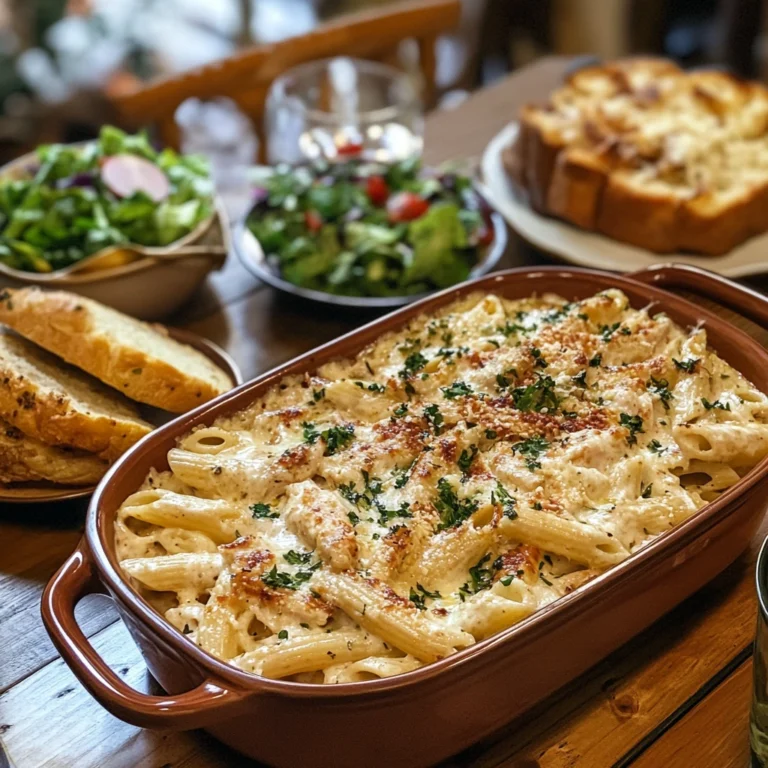 A family-style serving of creamy chicken pasta in a large ceramic dish, surrounded by garlic bread and salad on a wooden dining table.