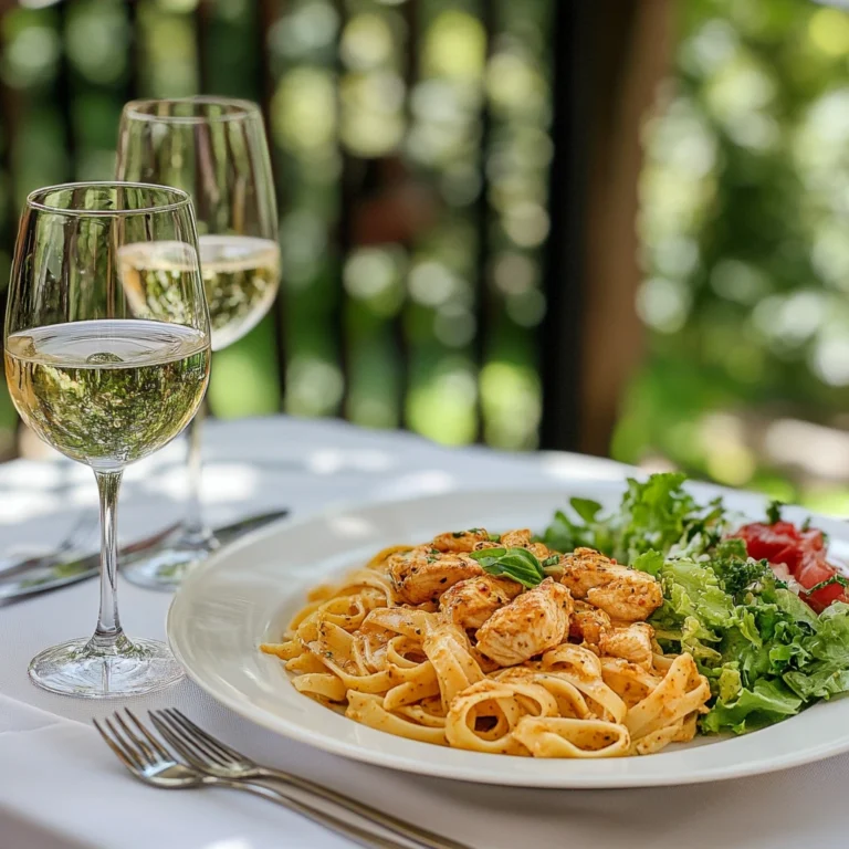 A table featuring Cajun chicken pasta, a glass of white wine, and a fresh garden salad as complementary pairings.