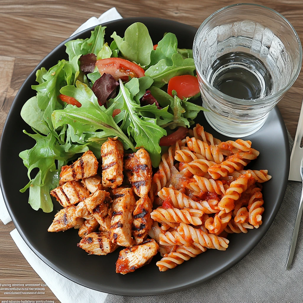 A table setting with a smaller portion of Cajun Chicken Pasta Chili's Calories. a fresh side salad, and a glass of water, illustrating healthy portion control and balanced dining choices.
