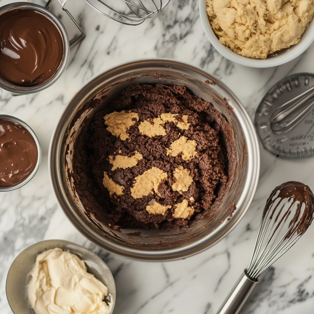 A top-down view of a baking process: a mixing bowl with brownie batter, cookie dough scooped beside it, and a pan with the layers being assembled. Include measuring cups, a whisk, and a spatula in the frame for a "work-in-progress" vibe.