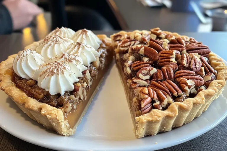 Pecan pie or pumpkin pie? A sliced pecan pie on a white plate, showcasing two distinct toppings—one side covered in whipped cream with a dusting of cinnamon, and the other side garnished with whole pecans.