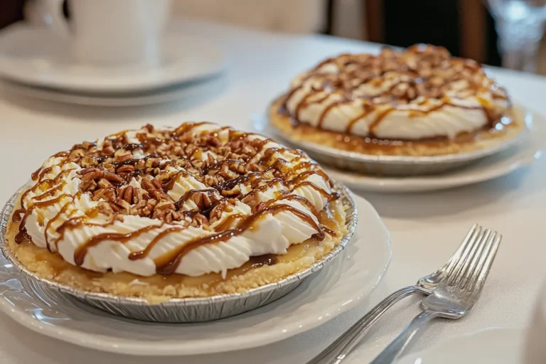 A close-up of two caramel pecan cream pies topped with whipped cream, caramel drizzle, and chopped pecans, served on white plates with forks on the side.