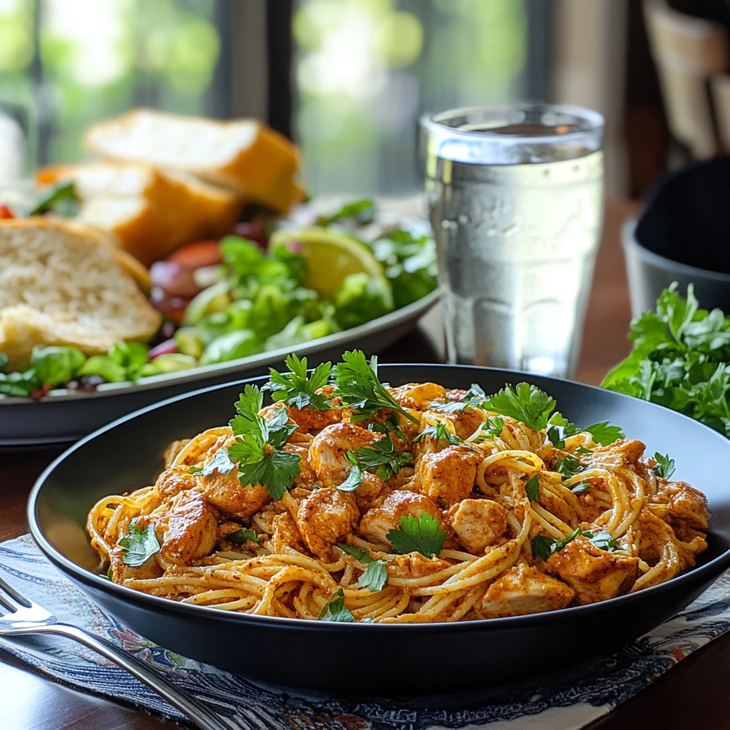 A beautifully served plate of cajun chicken Pasta Chili's recipe with garlic bread, fresh salad, and a glass of white wine on a cozy dinner table setting.