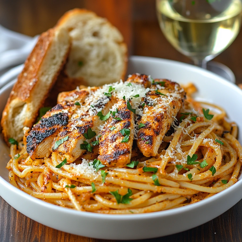 "Plated Chili’s Cajun Chicken Pasta garnished with parsley and Parmesan cheese, served with garlic bread and a glass of white wine."