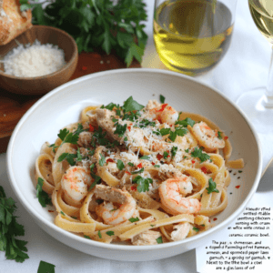 "A bowl of chicken and shrimp pasta without cream, garnished with fresh parsley, grated Parmesan, and red pepper flakes, served alongside a glass of white wine and crusty bread on an elegant dining table."