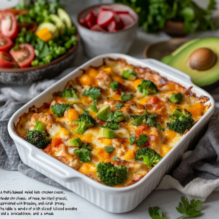 "A freshly baked keto chicken casserole in a white ceramic dish with melted cheese, chicken, and broccoli, garnished with parsley on a rustic wooden table."