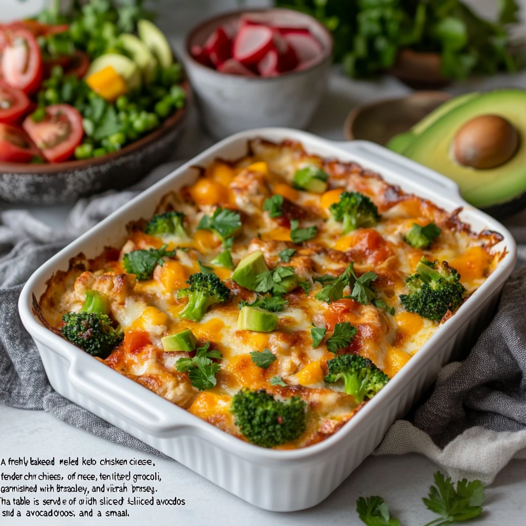 "A freshly baked keto chicken casserole in a white ceramic dish with melted cheese, chicken, and broccoli, garnished with parsley on a rustic wooden table."