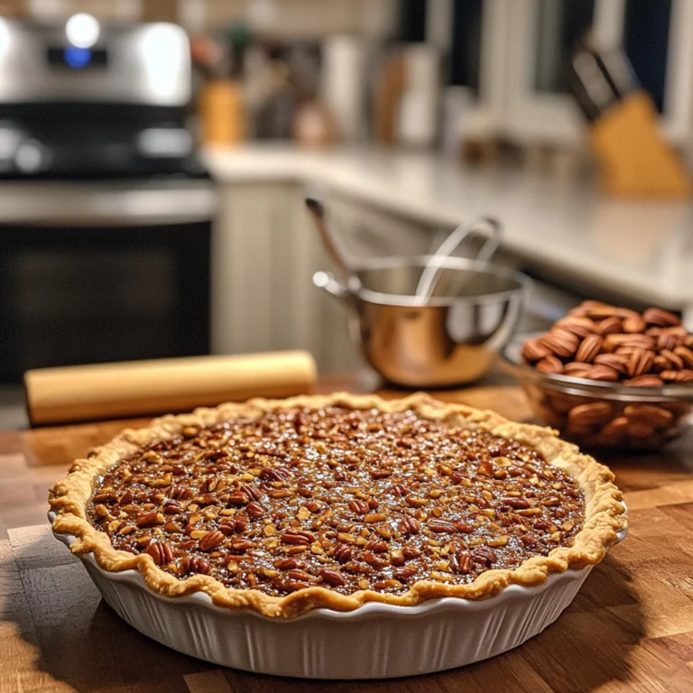 A freshly baked pecan pie sits on a wooden countertop in a kitchen, surrounded by a bowl of pecans, a rolling pin, and a saucepan in the background.