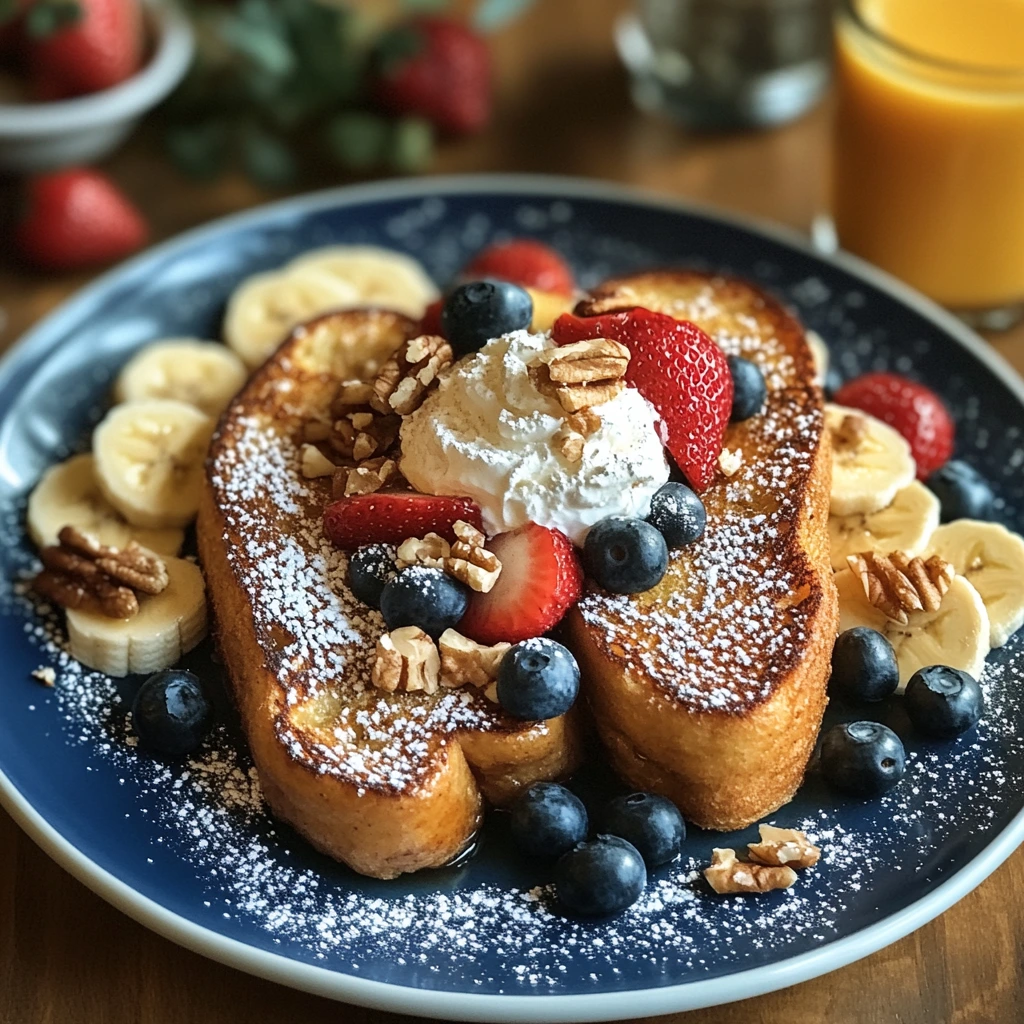 A styled photo showing a breakfast table setup with French toast topped with powdered sugar, fresh fruits (like sliced bananas, strawberries, and blueberries), whipped cream, and a sprinkle of chopped nuts. A cup of coffee or orange juice sits nearby, creating a cozy breakfast atmosphere.