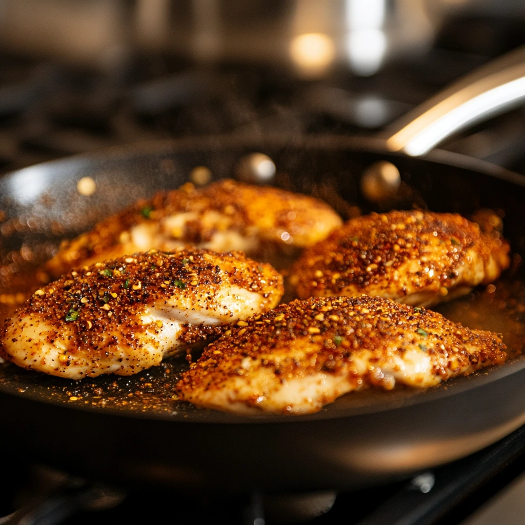 "Skillet cooking chicken with Cajun seasoning, steam rising, and pasta boiling in a pot in the background during the preparation of Cajun Chicken Pasta."