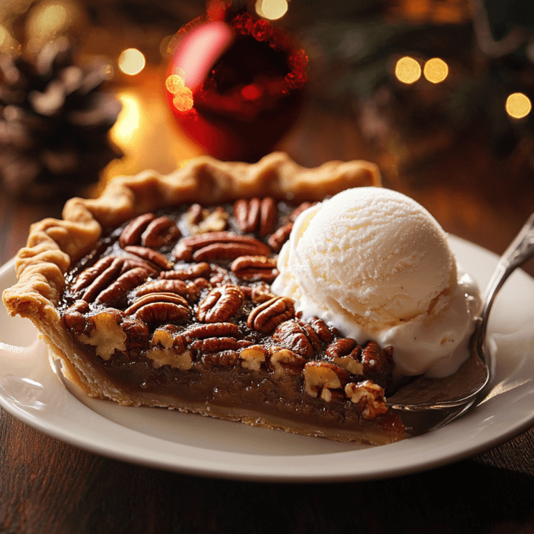 A festive pecan pie topped with a scoop of vanilla ice cream, surrounded by holiday decor including candles, wrapped gifts, and a glowing fireplace in the background.