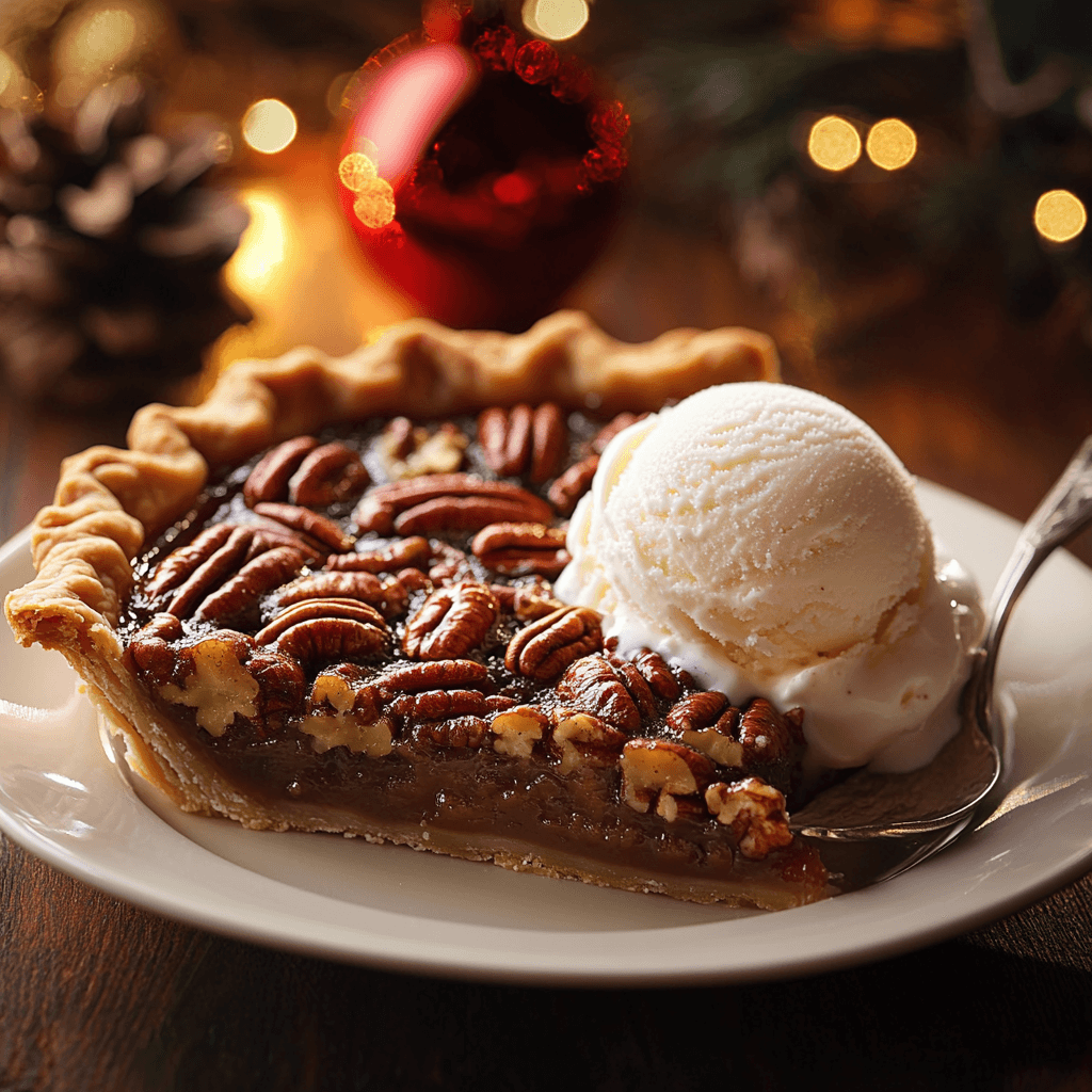 A festive pecan pie topped with a scoop of vanilla ice cream, surrounded by holiday decor including candles, wrapped gifts, and a glowing fireplace in the background.