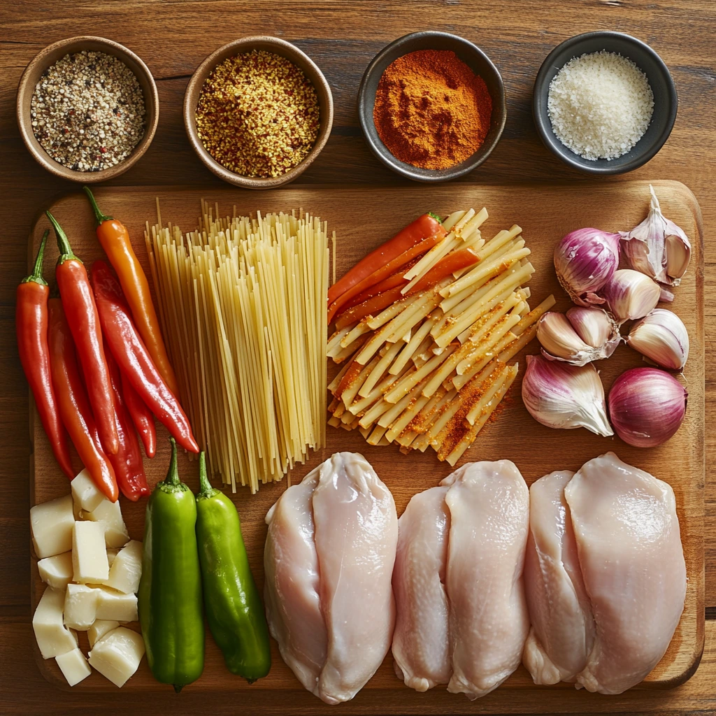 "Organized display of ingredients for Cajun Chicken Pasta, including raw chicken, uncooked pasta, cream, Cajun spices, bell peppers, onions, garlic, background is wood, on the kitchen worktops.
