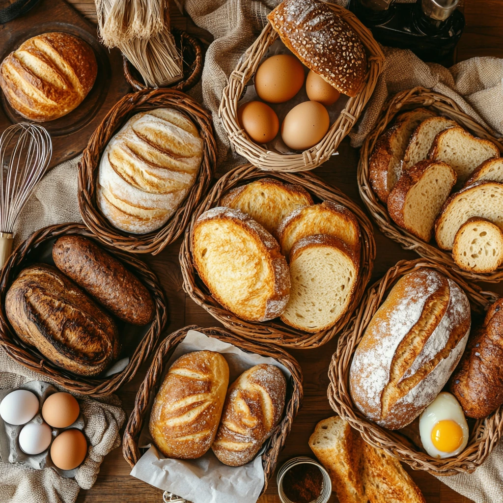 An overhead view of a variety of breads arranged in bread baskets on a golden table. What is the Best Bread for French Toast?