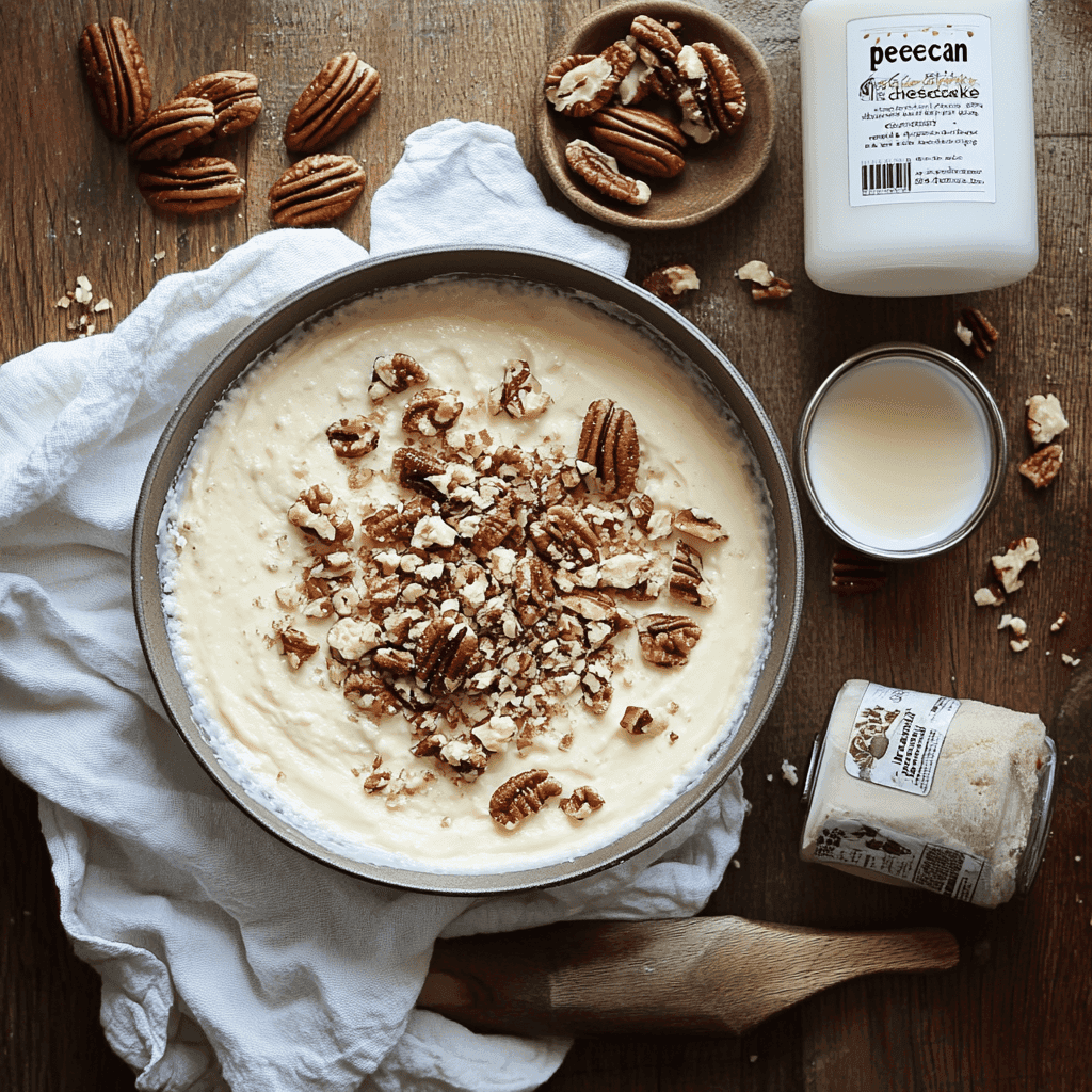 A bowl of creamy cheesecake mixture topped with chopped pecans, surrounded by ingredients including whole pecans, a jar of pecan-flavored spread, a bottle of cream, and a cup of milk on a rustic wooden table with a white cloth and wooden spoon.