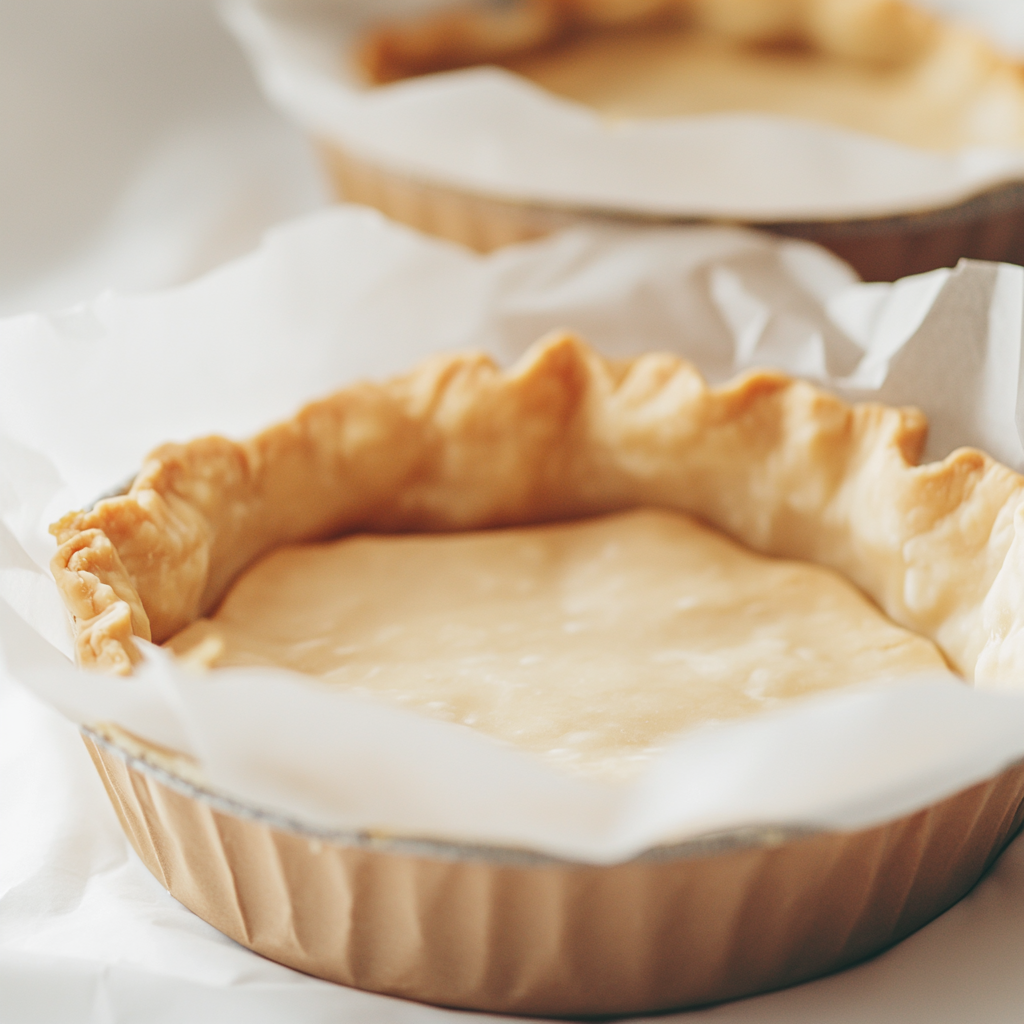 An unbaked pie crust placed in a parchment-lined pie dish, ready for filling and baking. How Do You Keep Pecan Pie from Getting Soggy?
