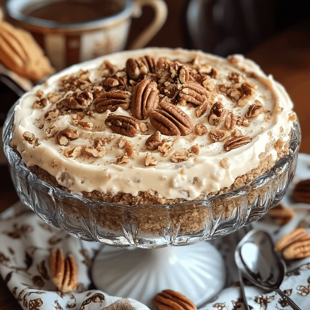 The pecan pie cheesecake dip  presented in a glass pedestal dish, topped with whole and chopped pecans, featuring a crumbly base and a rich, smooth filling. The background includes a patterned cloth, scattered pecans, and a cup of coffee, adding a cozy ambiance.