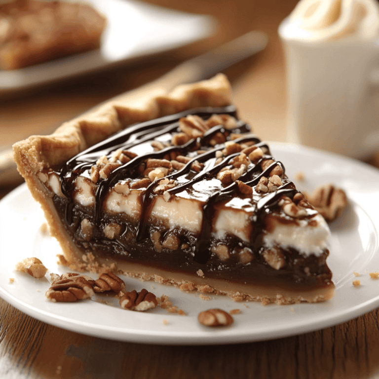 A decadent slice of chocolate pecan pie topped with whipped cream and chocolate drizzle, garnished with chopped pecans on a white plate.