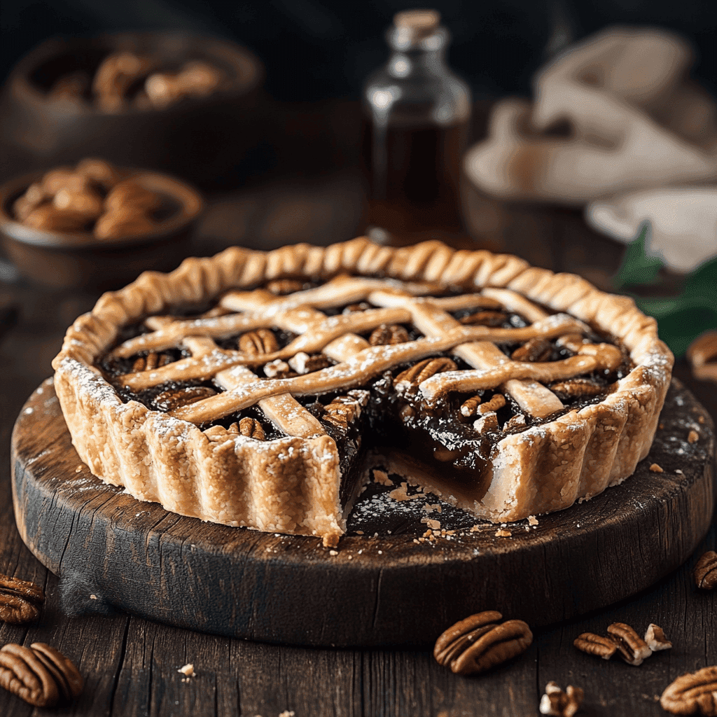 A lattice-top pecan pie with a golden crust and glossy pecan filling, served on a rustic wooden board with a slice missing, surrounded by scattered pecans and a bottle of syrup in the background.