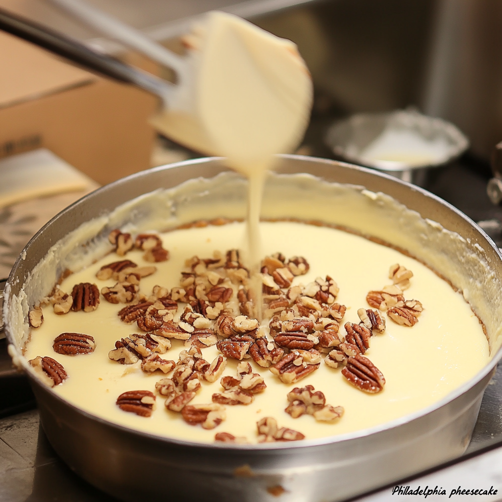 A close-up of a cheesecake in the making, showing creamy batter being poured into a pan filled with scattered pecans. The mixture is smooth and glossy, ready to be baked into a delicious dessert.