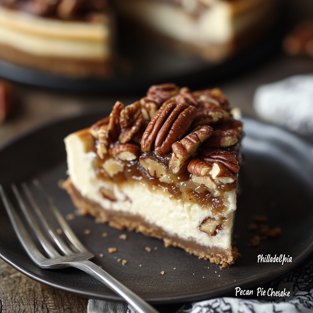 A slice of pecan pie cheesecake on a dark plate, featuring layers of creamy cheesecake, gooey caramel, and crunchy pecans. The dessert is served with a graham cracker crust, creating a perfect blend of textures and flavors. A fork rests nearby, ready to dig in.