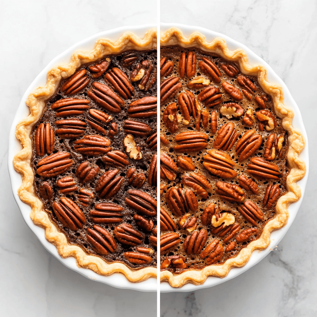 A side-by-side comparison of two pecan pies, one with a darker, richer filling and the other with a lighter, golden filling, both featuring neatly arranged pecans in a flaky crust. Do You Serve Pecan Pie Warm or Cold?